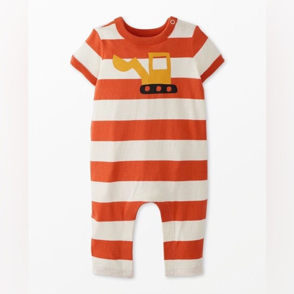 Hanna Andersson Orange and White‎ Excavator Baby Romper, Size 3-6 mo.